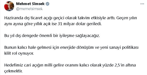 Bakan Şimşek: Bu yıl dış dengede önemli bir iyileşme sağlayacağız