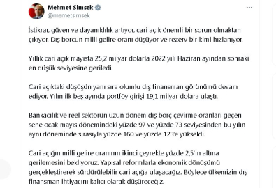 Bakan Şimşek: Yıllık cari açık Haziran 2022'den sonraki en düşük seviyesine geriledi