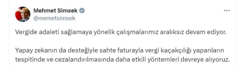 Bakan Şimşek: Vergi kaçakçılığının tespitinde daha etkili yöntemleri devreye alıyoruz