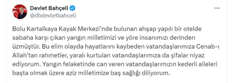 Bahçeli'den Bolu'daki yangında ölenler için taziye mesajı